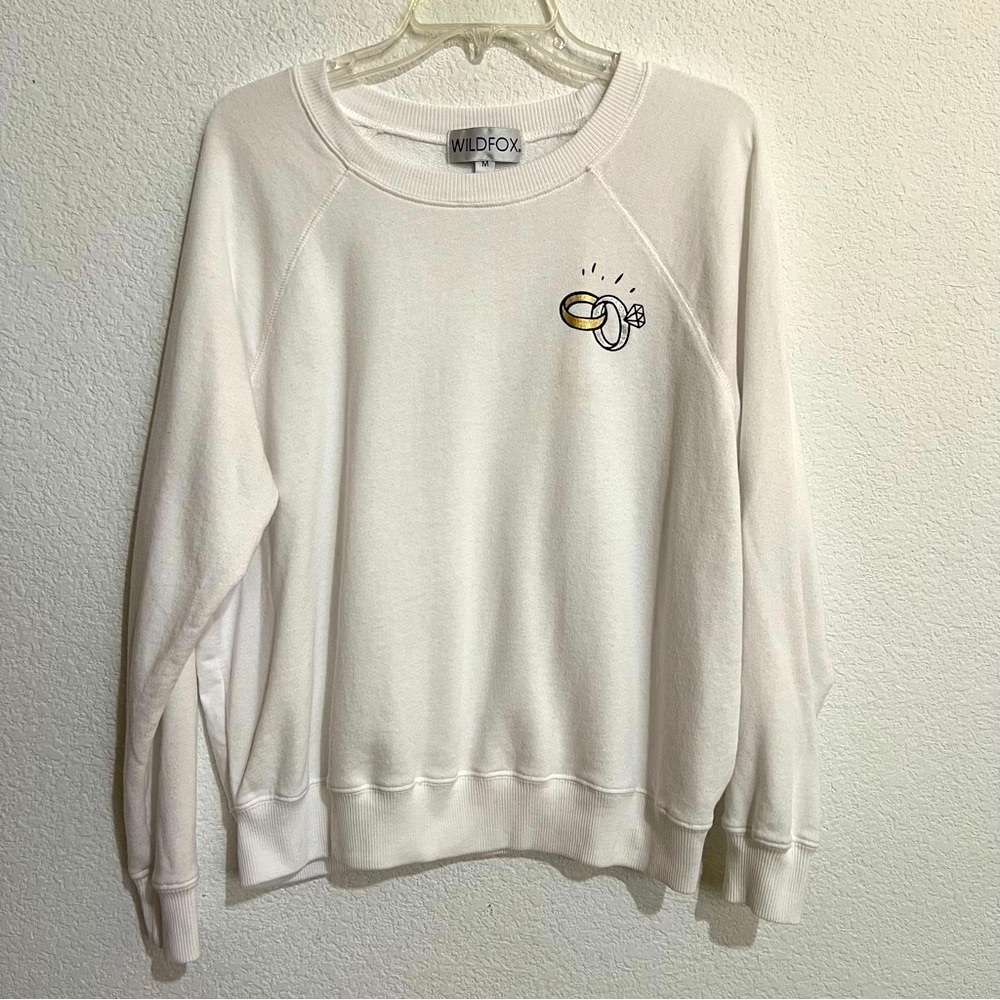 Wildfox White Terrycloth Crew Neck Sweatshirt Engaged Logo Medium